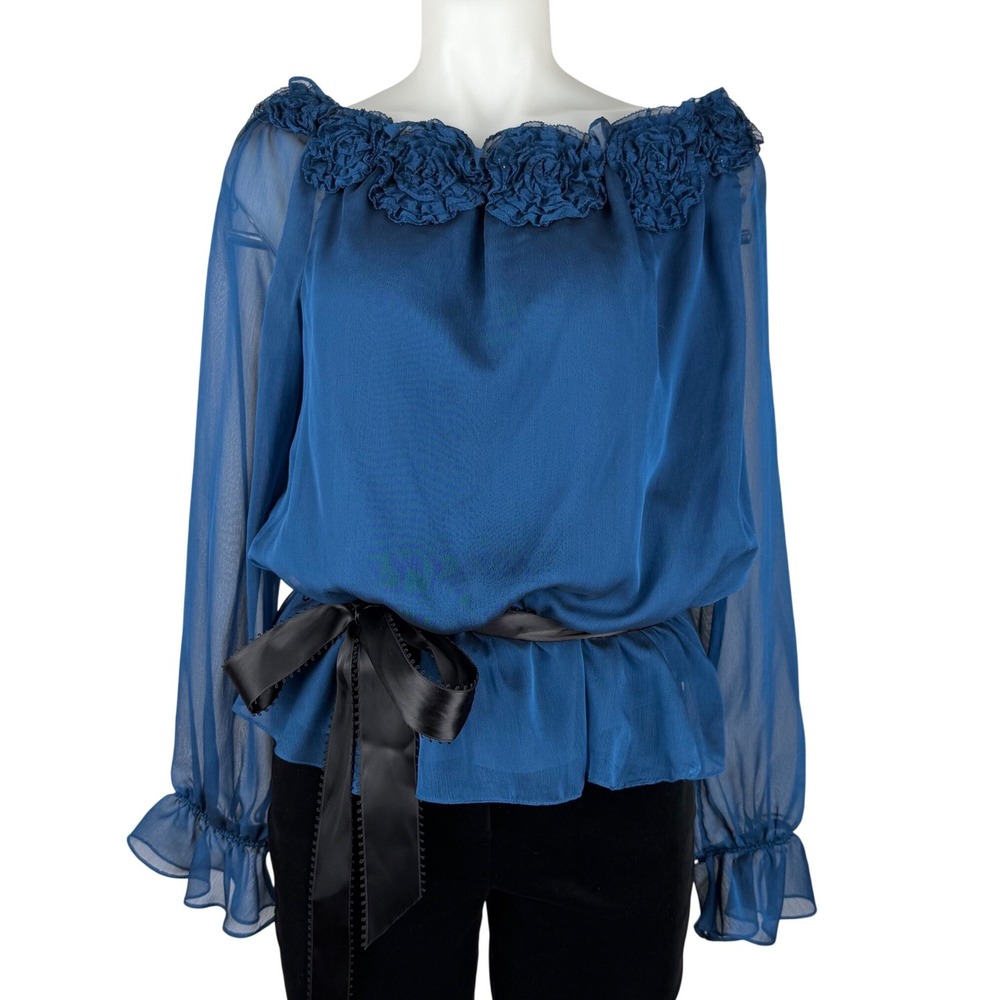 Vintage Victor Costa Teal Blue Rosette Off Shoulder Chiffon Blouse XL
